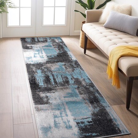 World Rug Gallery Modern Watercolor Abstract Design Runner Rug 2'x7' Blue 939BLUE2X7